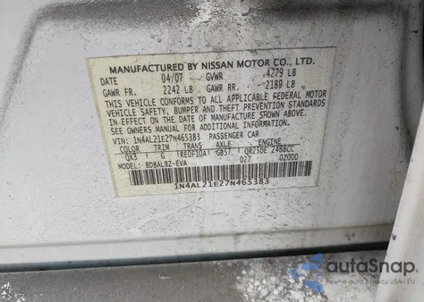 2007 Nissan Altima 2.5 S from USA, damaged, VIN 1N4AL21E27N465383